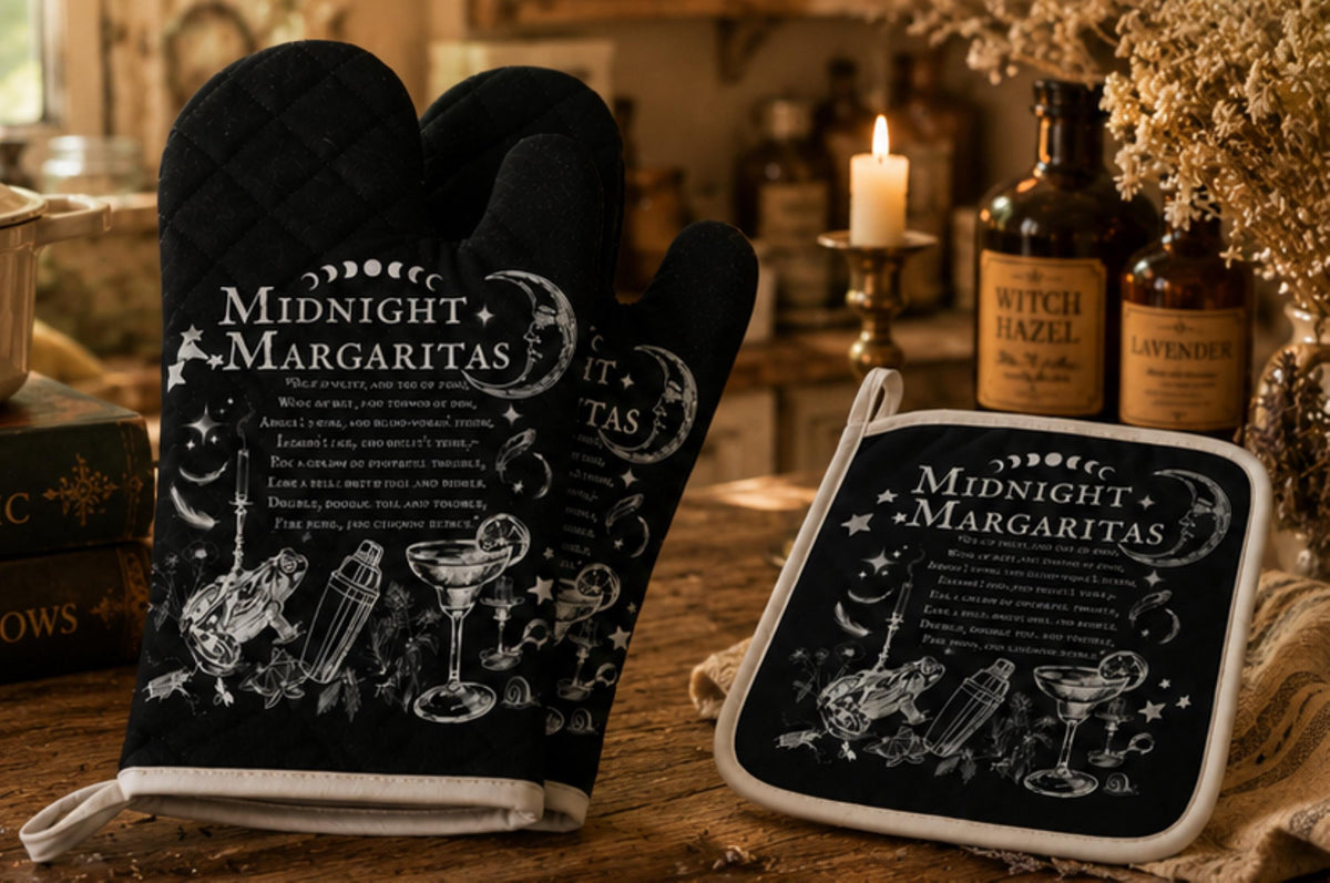 Midnight Margaritas Wiccan Kitchen Decor Dark Chef Accessory Witchcore Kitchen Pot Holder Witch Gift for Mom Kitchen Witch Gift Oven Mitt
