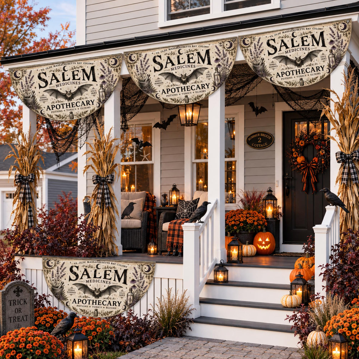 Great Fall Host Gift Idea for Halloween Party Gothic Seasonal Porch Decor Witchy and Cottagecore Style Primitive Porch Salem Sign & Door Mat