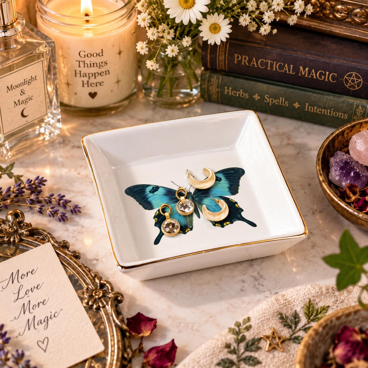 Cottagecore Vanity Tray Anniversary Wife Giftforher Soap Dish Incense Holder Practical Magic Gift Idea for Witchy Mom Lunamoth Jewelry Dish
