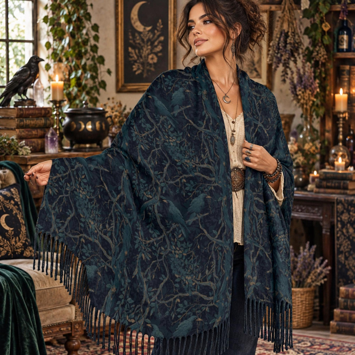 Victorian Inspired Edgar Allan Poe Dark Academia Crow Tassel Scarf William Morris Goth Shawl Wrap Witchy Clothing Gothic Raven Fall Fashion