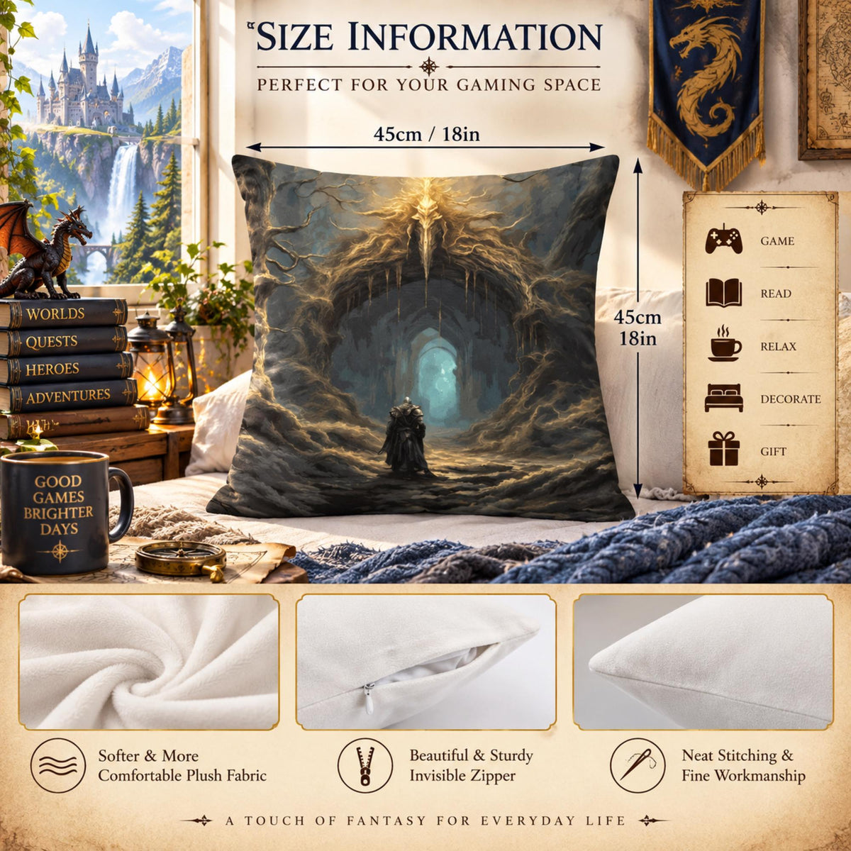 Fantasy Gamer Gift Idea For Boyfriend Elden Ring Plush Pillow Cover Gamer Decor Dark Souls Style Solaire of Astora Dakimakura Waifu Ranni
