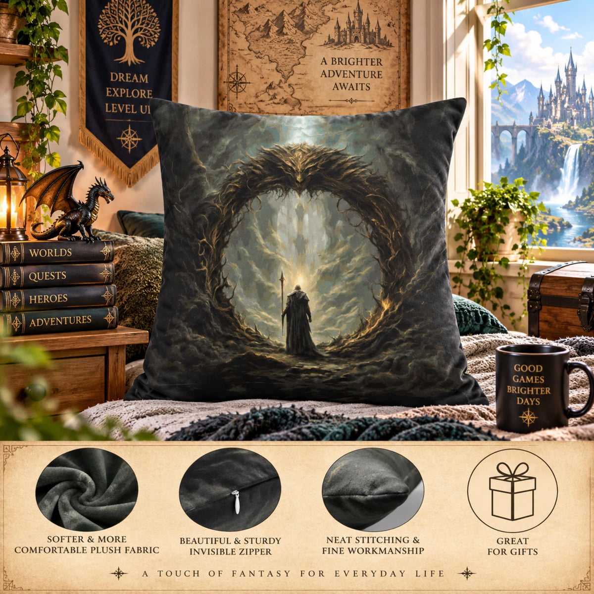 Video Game Lover Gift Idea for Boyfriend Fantasy Decor for Bedroom Elden Ring Gamer Plush Throw Pillow Cover Dark Souls Dragon Age Merch