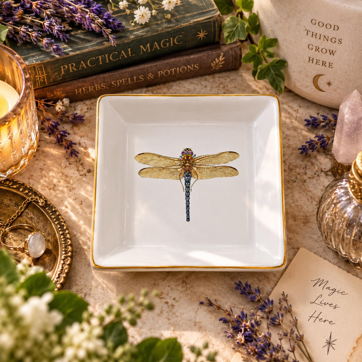 Practical Magic Gift Idea for Witchy Bestie Dragonfly Gold Trim Jewelry Dish Vanity Tray Bday Anniversary Wife Gift Soap Dish Incense Holder