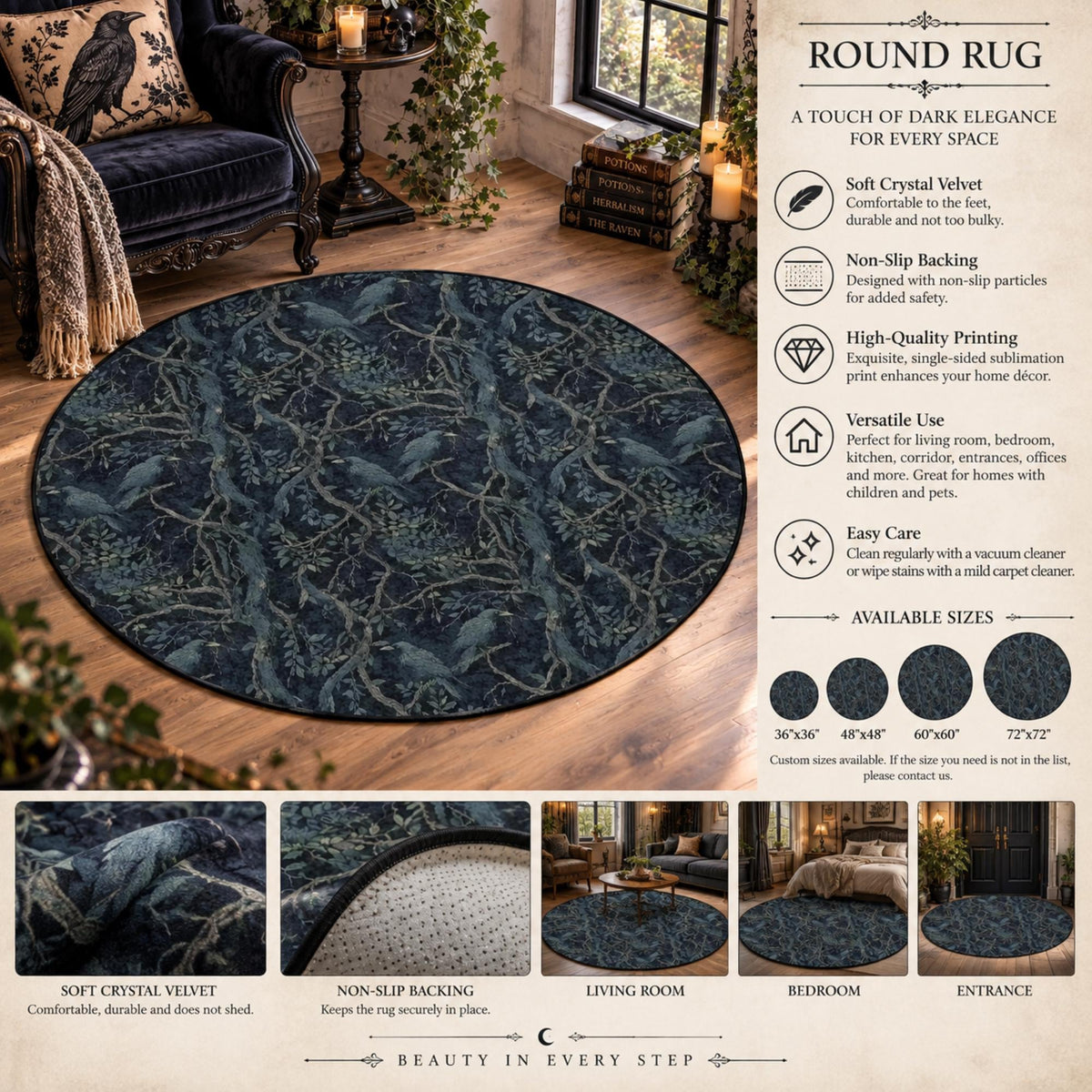 Floor Decor for Reading Nook William Morris Inspired Moody Goth Area Rug Edgar Allan Poe Bathroom Whimsigoth Round Entryway Mat Gift for Him