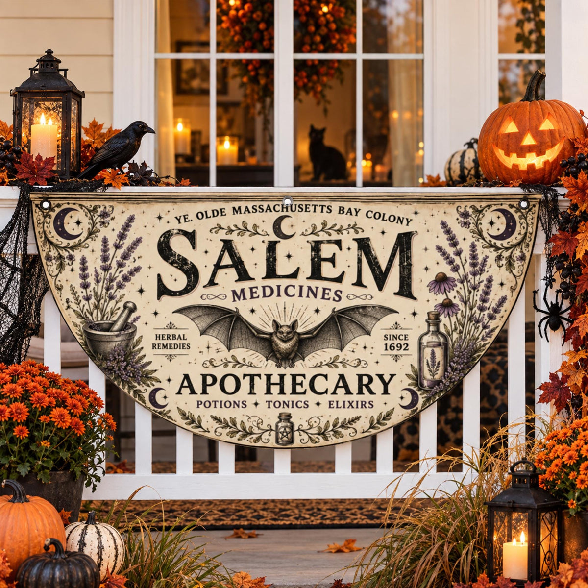 Great Fall Host Gift Idea for Halloween Party Gothic Seasonal Porch Decor Witchy and Cottagecore Style Primitive Porch Salem Sign & Door Mat